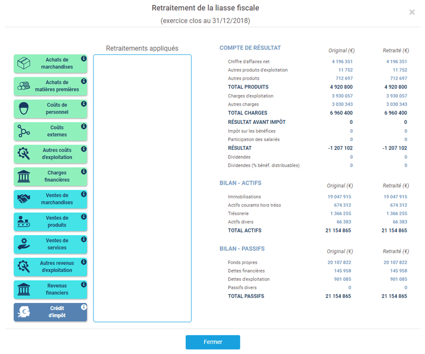 interface de saisie des retraitements de liasse fiscale