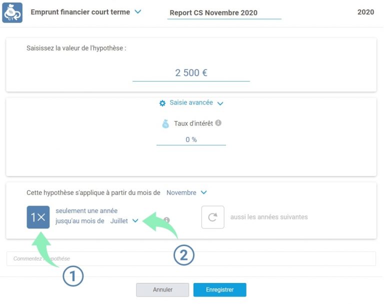 Report Cotisations sociales – modélisation remboursement moins 1 an